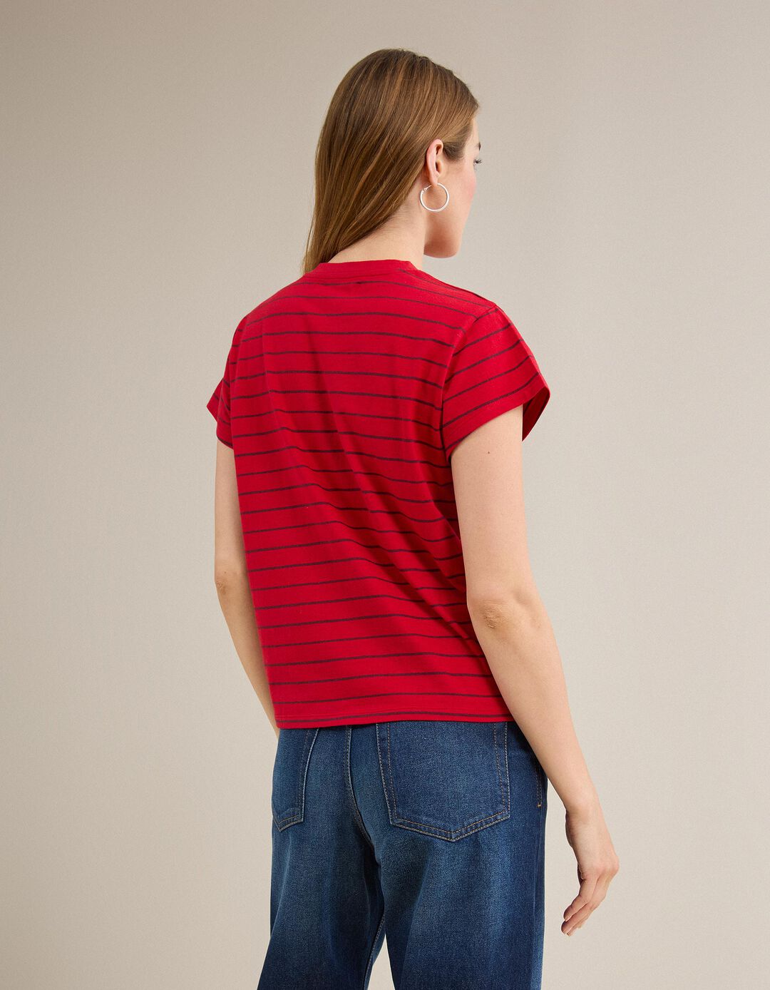 T-shirt &agrave;s Riscas, Mulher, Vermelho Escuro