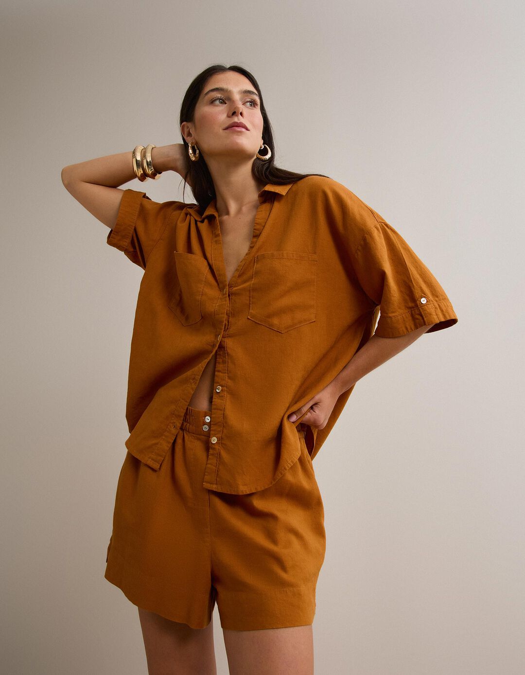Blusa com linho, Mulher, Castanho Claro 
