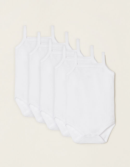 Pack of 5 Strappy Plain Bodysuits in Cotton for Babies, White