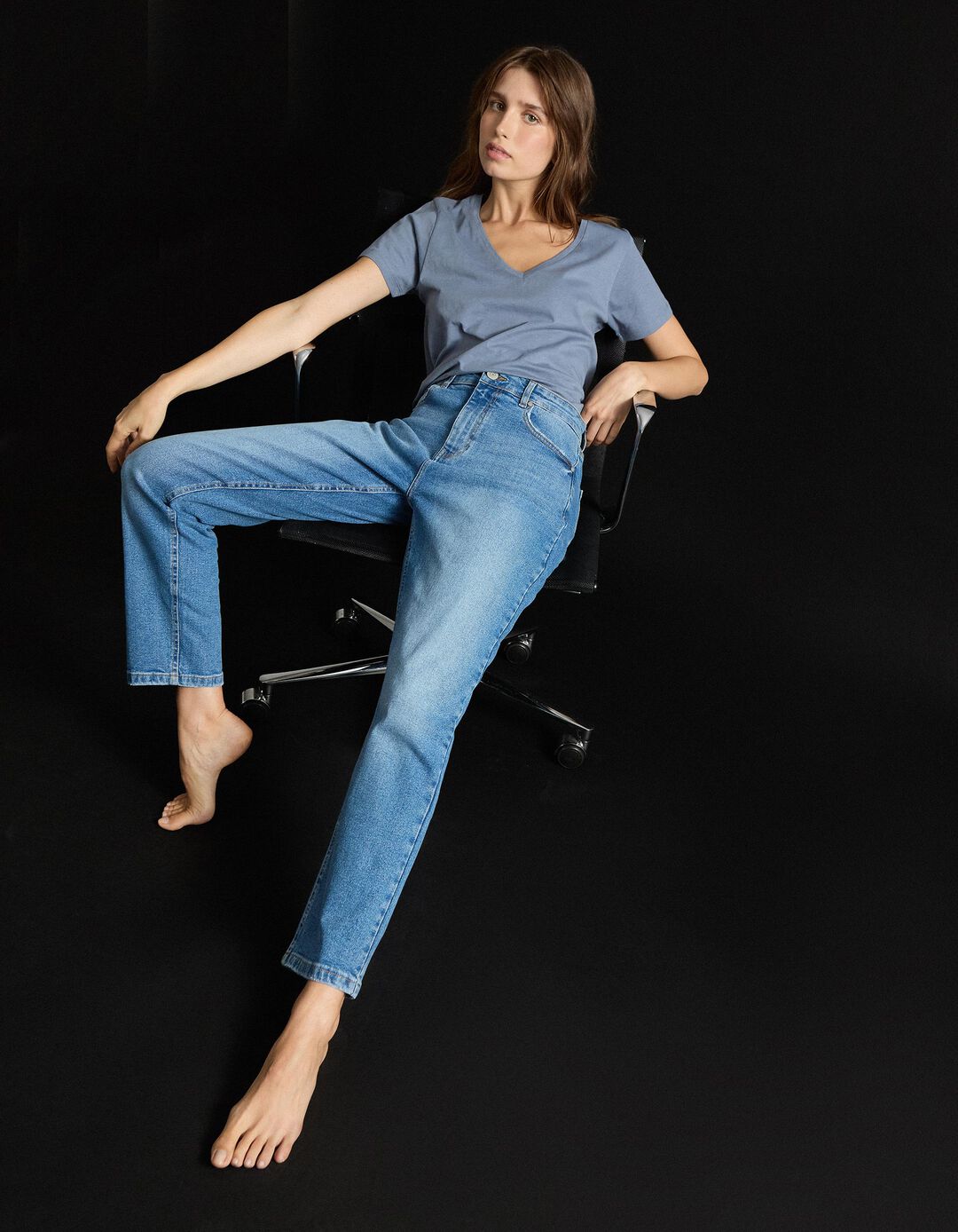 Calças de Ganga 'Tapered Mom Fit', Mulher, Azul 