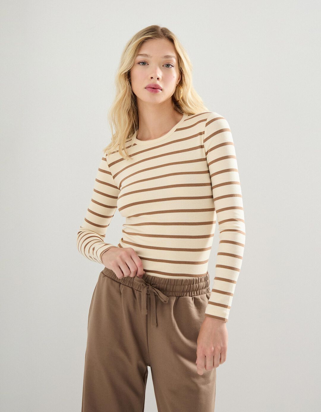 T-shirt de Manga Comprida Riscas, Mulher, Castanho Claro 