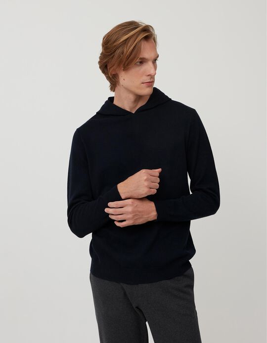 Hooded Jumper in Wool and Cashmere, Men, Dark Blue