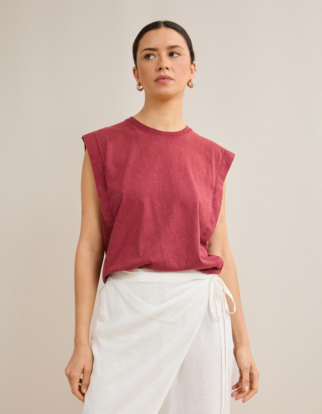 T-shirt Manga Cava, Mulher, Vermelho Escuro