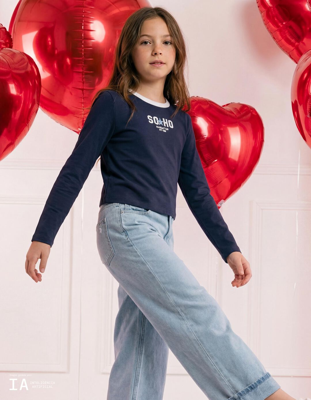 T-shirt de Manga Comprida, Menina, Azul Escuro