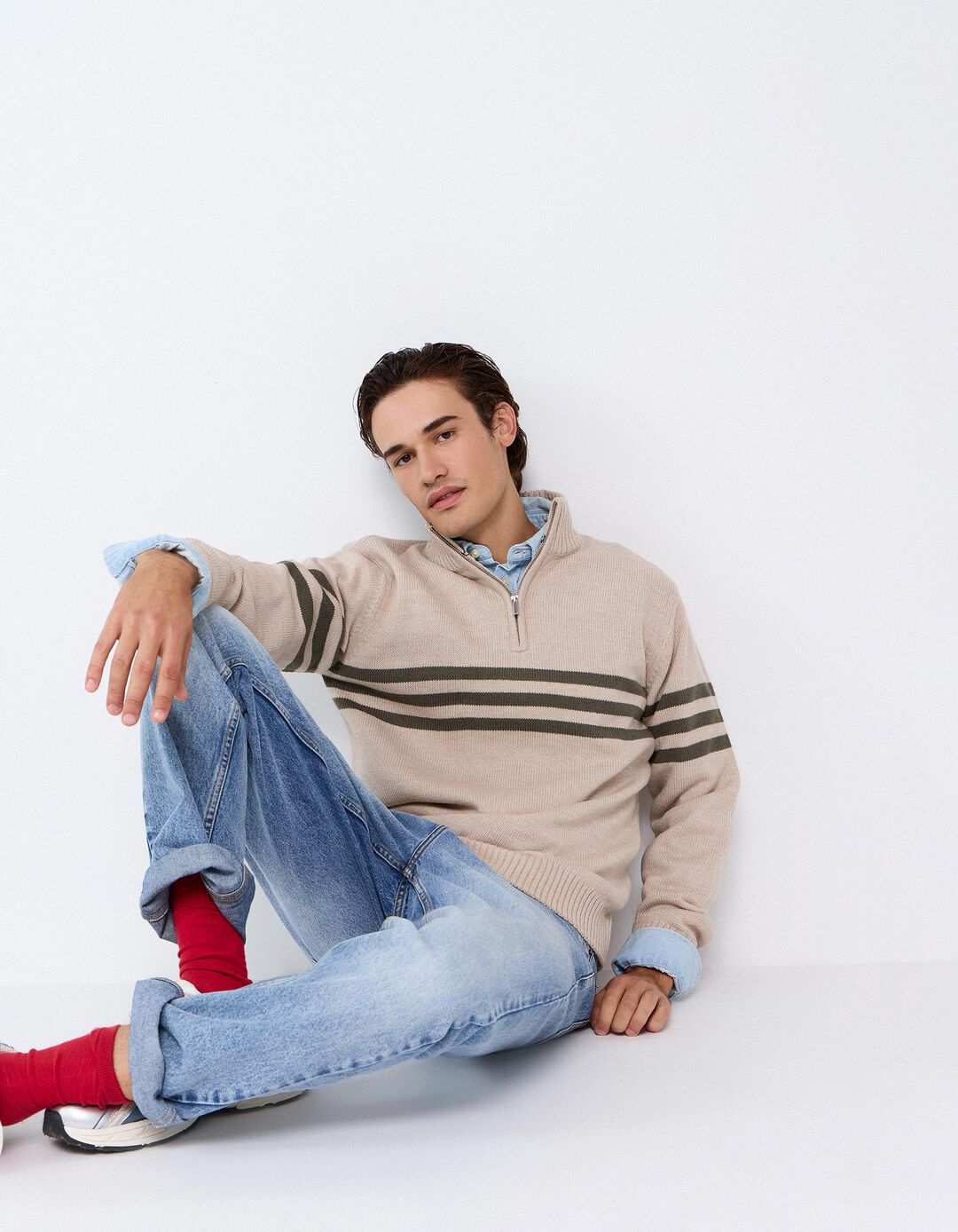 Sweater De Gola Alta, Homem, Bege