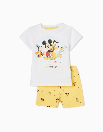 Cotton Pyjamas T-shirt + Shorts for Baby Boys 'Mickey & Friends', White/Yellow