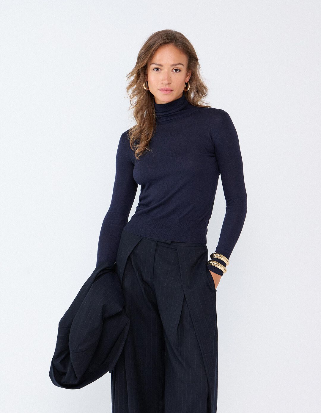 Camisola Gola Alta Com Caxemira, Mulher, Azul Escuro