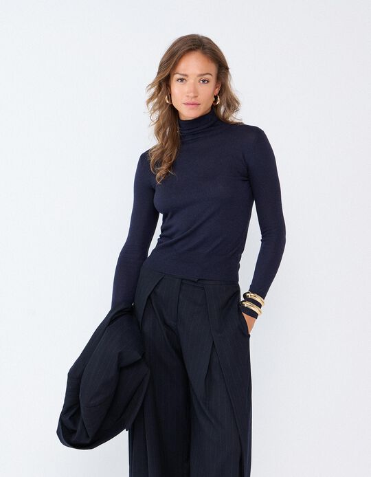 Comprar Online Camisola Gola Alta Com Caxemira, Mulher, Azul Escuro