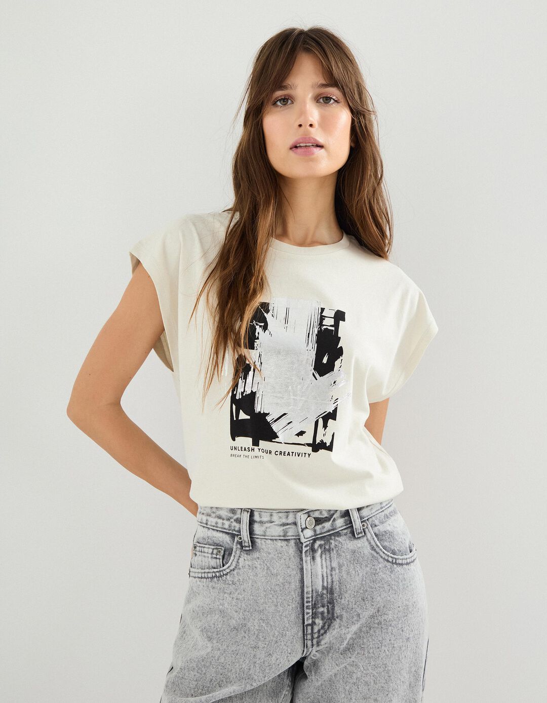 T-shirt Estampado Foil, Mulher, Cinzento Claro 