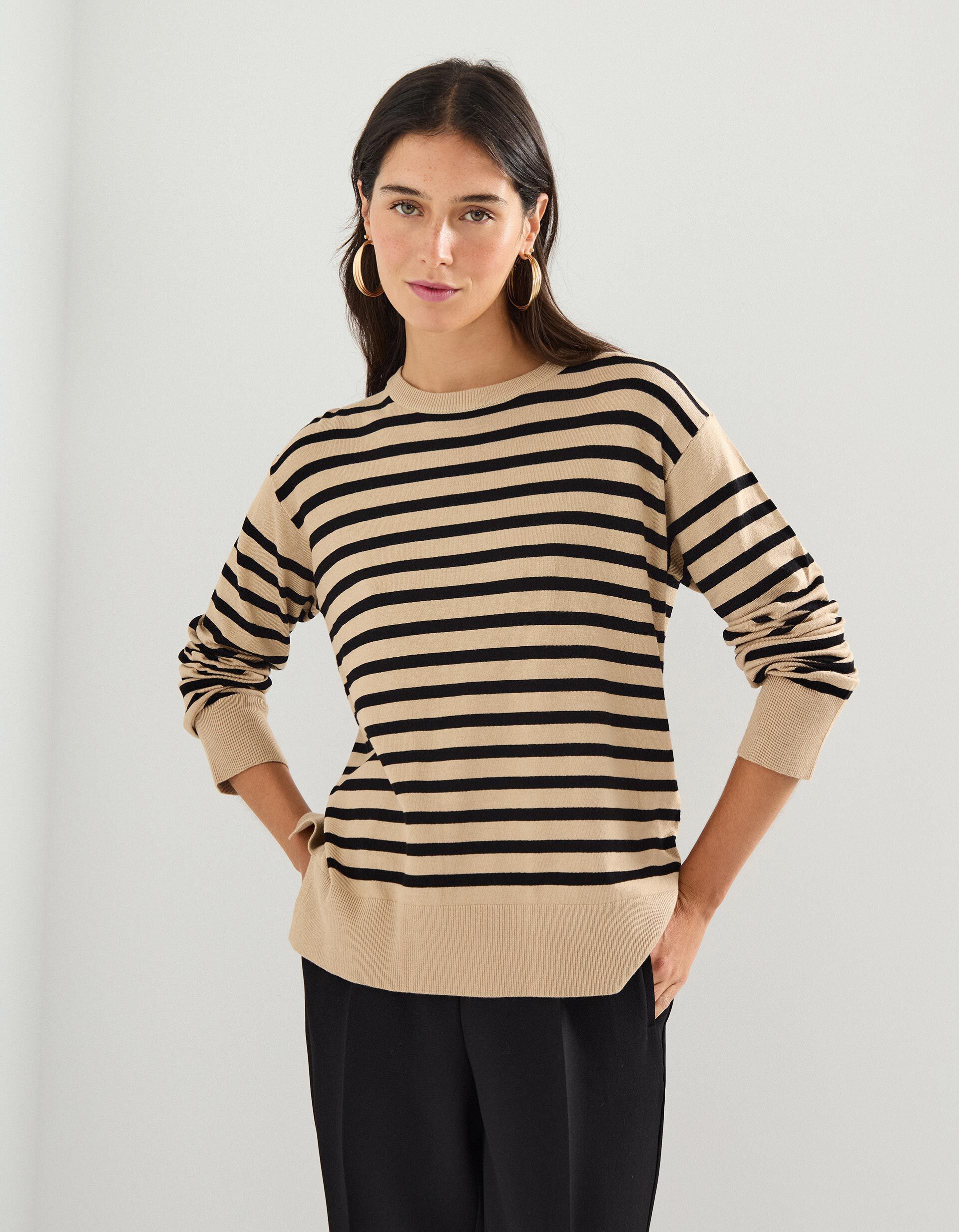 Comprar Online Camisola de Malha com Riscas, Mulher, Bege