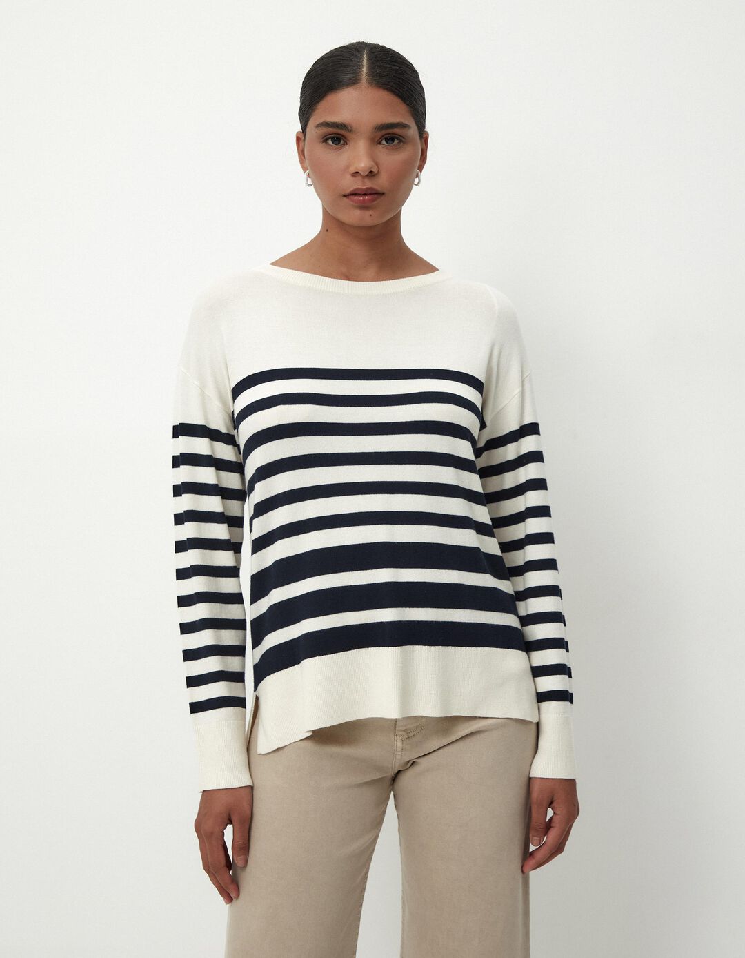 Camisola de Malha Riscas Decote Redondo, Mulher, Multicor