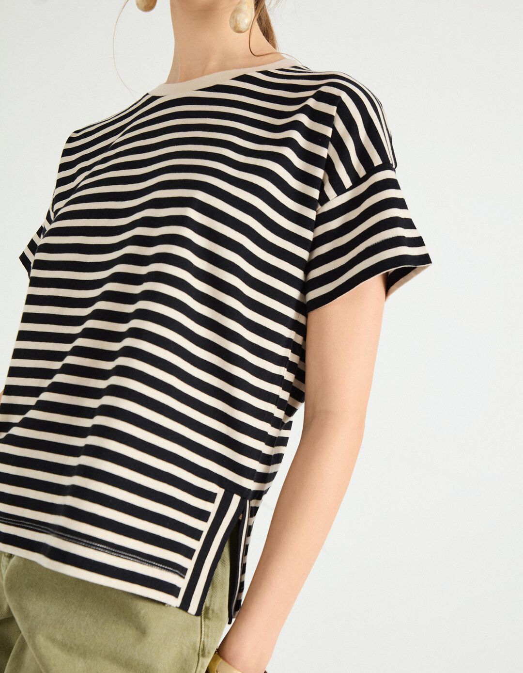 T-shirt de Riscas, Mulher, Bege Claro 