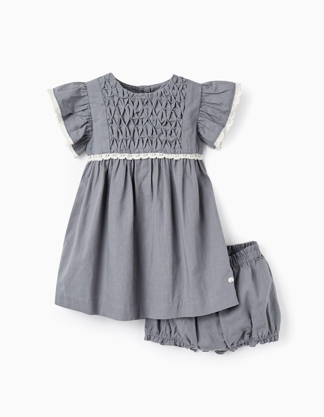 Cotton Dress with Lace + Diaper Cover for Baby Girls 'B&S', Grey