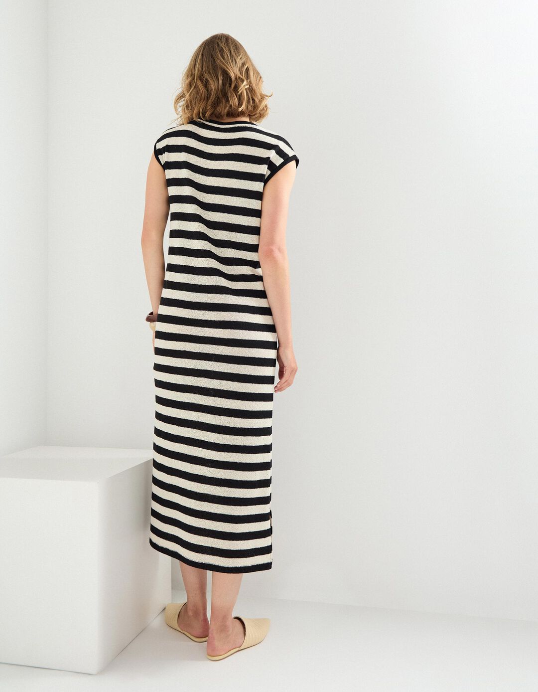 Vestido Comprido de Riscas, Mulher, Bege Claro