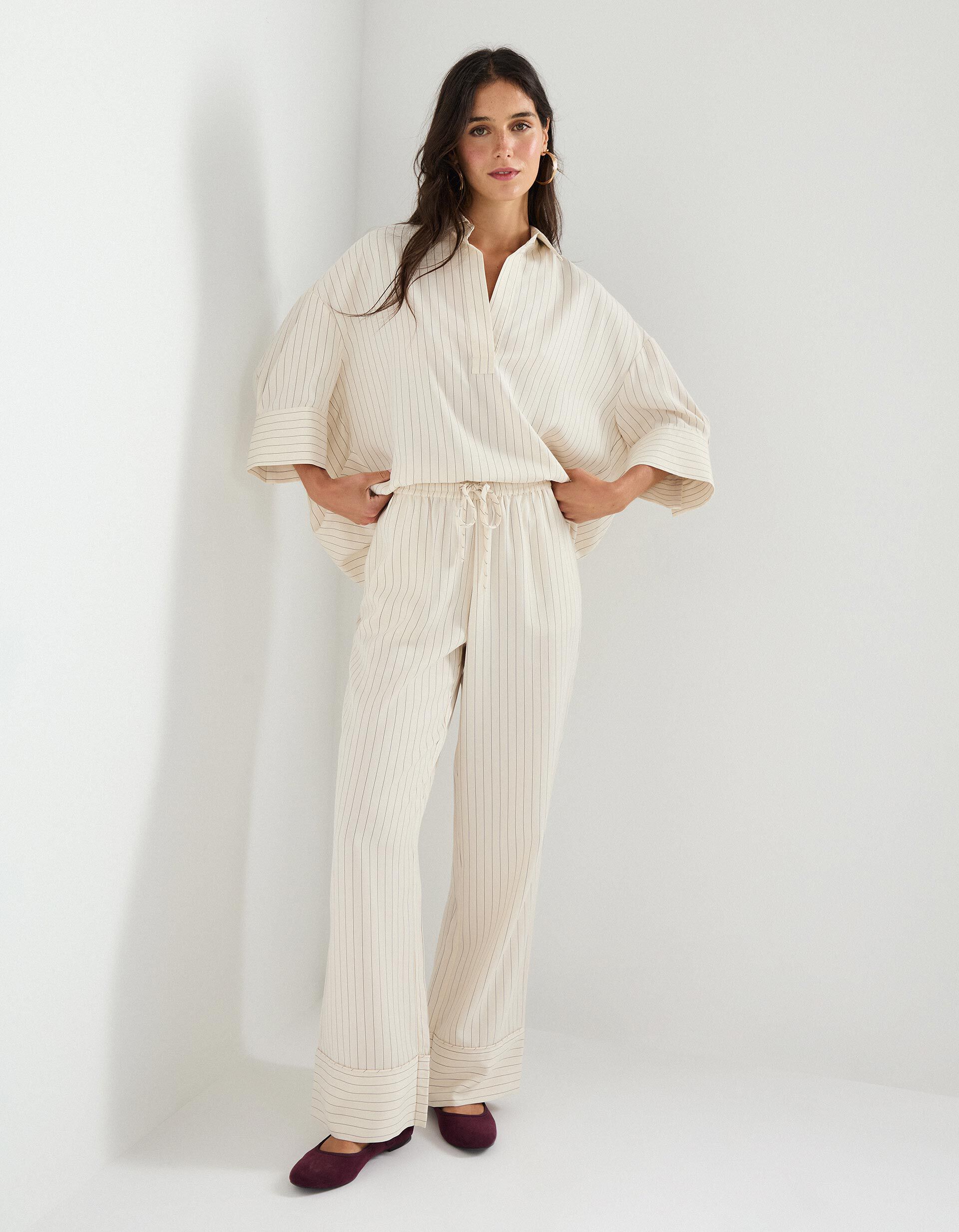 Calças Riscas com Liocel, Mulher, Bege 