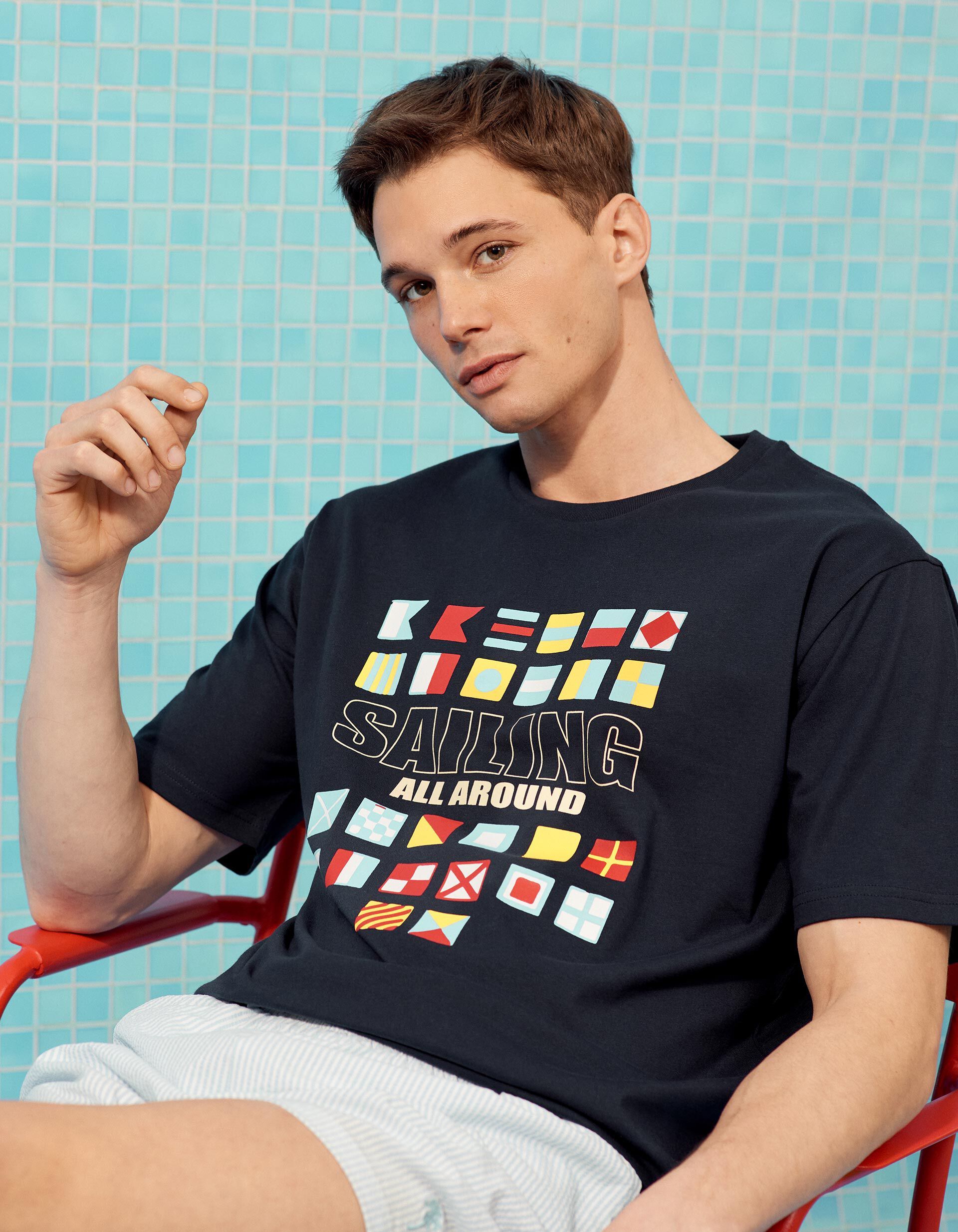 Comprar Online T-shirt Estampada, Homem, Azul Escuro