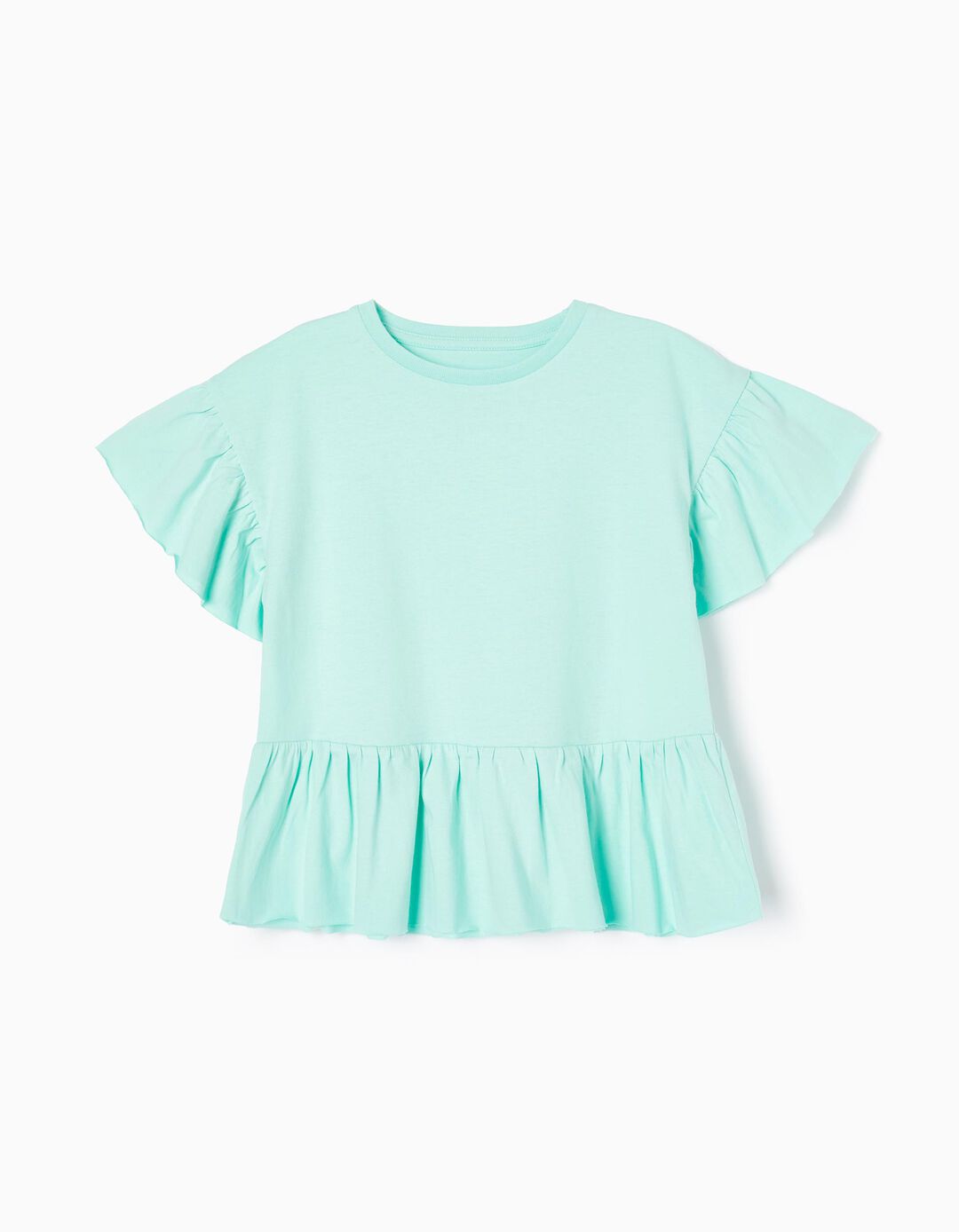 Cotton T-shirt with Frills for Girls, Aqua Green
