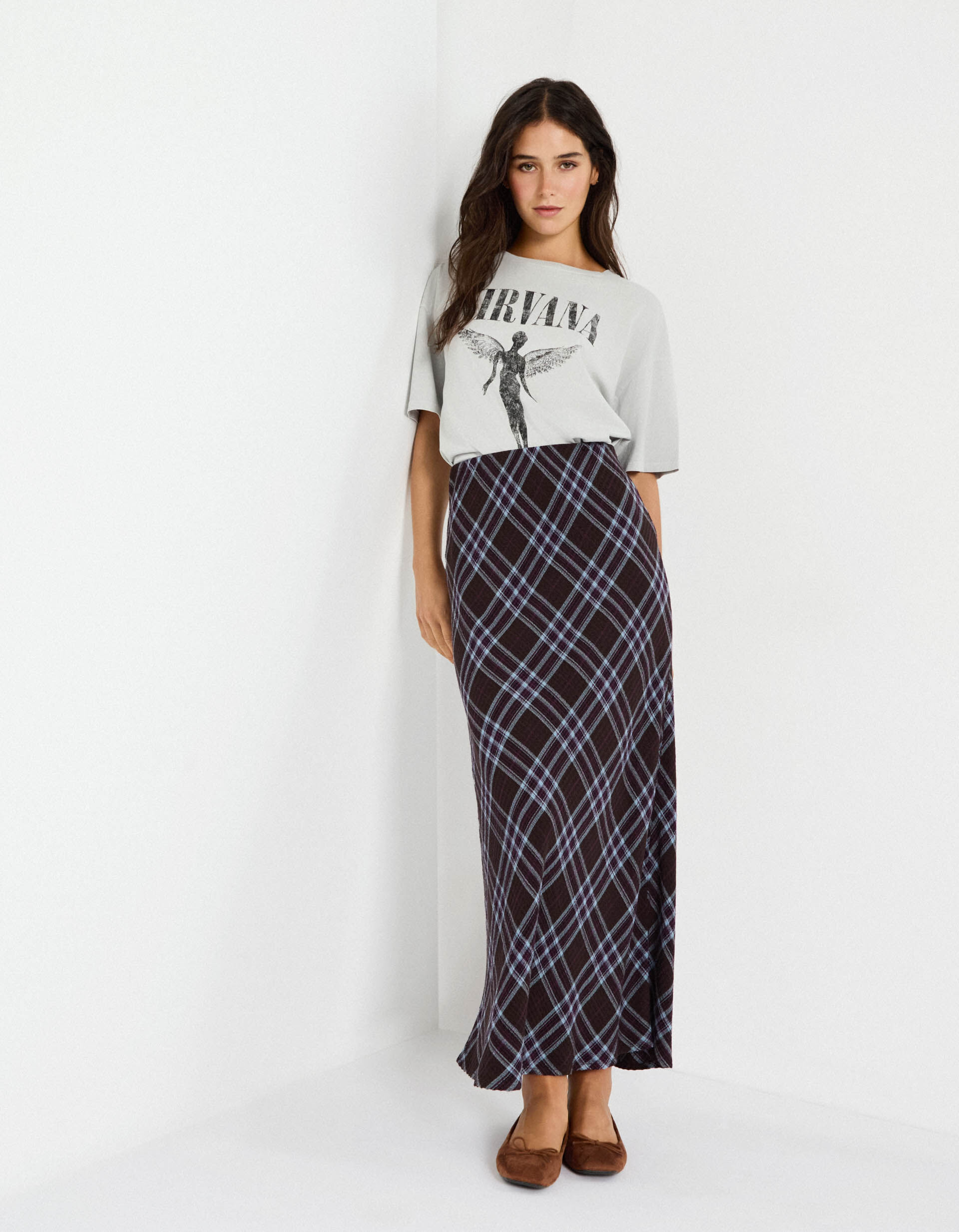 Comprar Online Saia Midi em Xadrez, Mulher, Castanho Escuro 