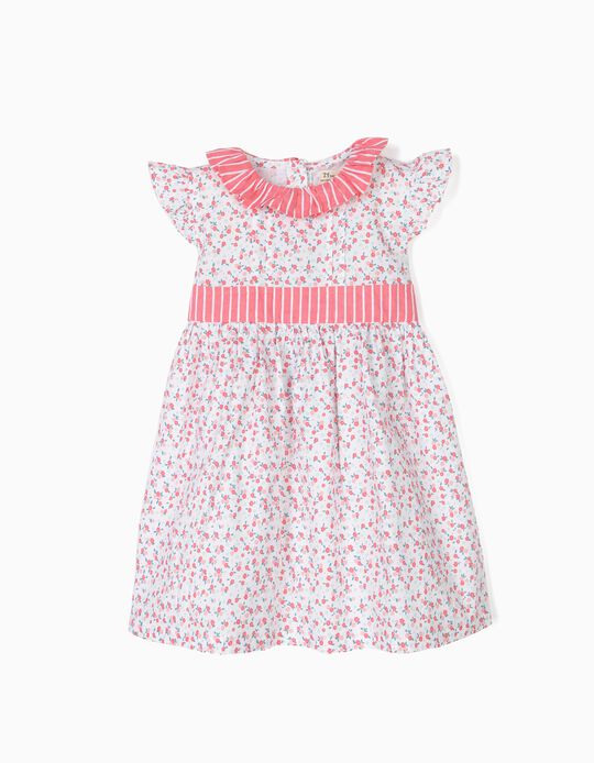 Vestido para Beb&eacute; Menina Flores e Riscas, Branco e Rosa