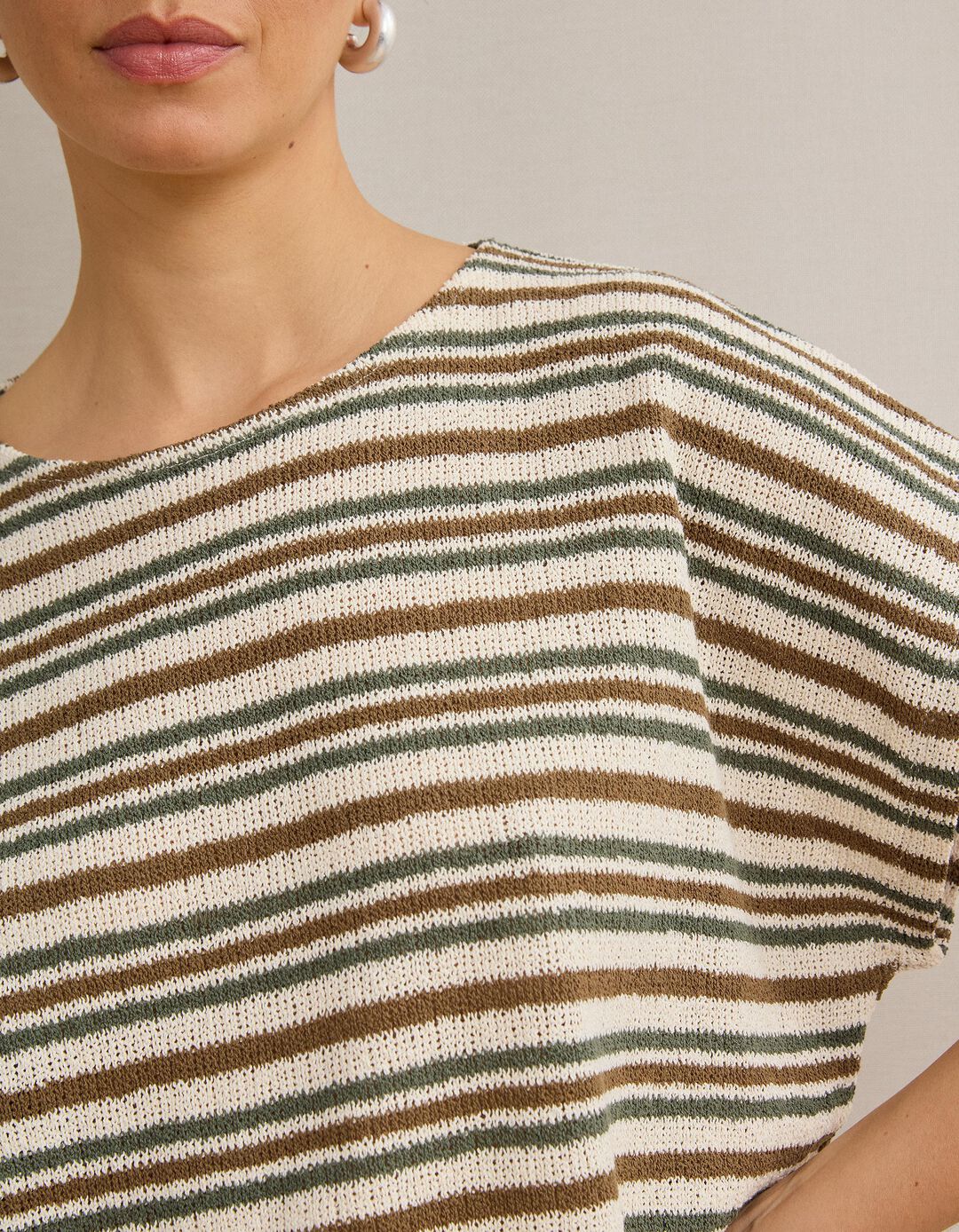 T-shirt &Agrave;s Riscas Em Malha R&uacute;stica, Mulher, Castanho