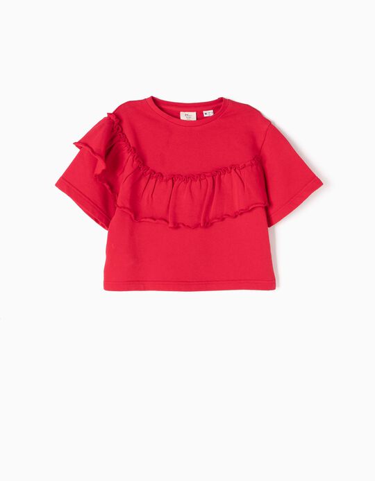 Red Short Sweatshirt with Ruffle
