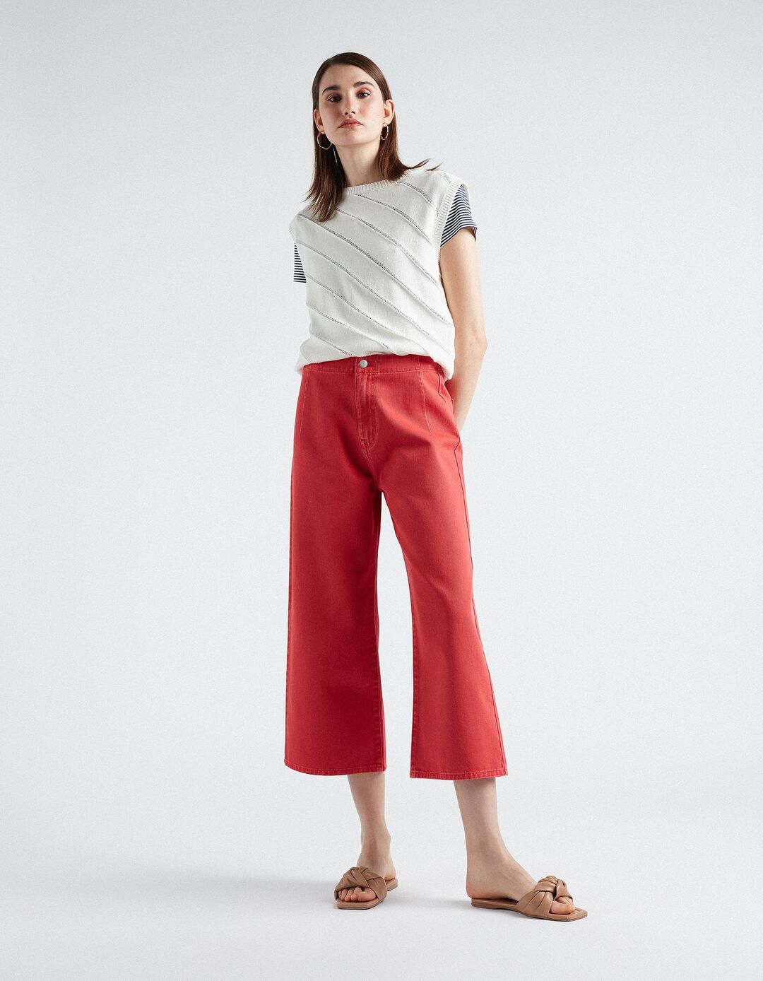 Wide Crop Denim Trousers, Women, Red
