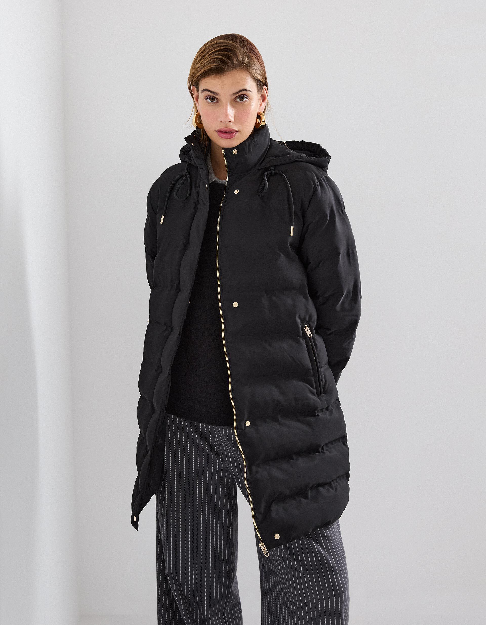 Casaco Acolchoado Comprido, Mulher, Preto MO Online