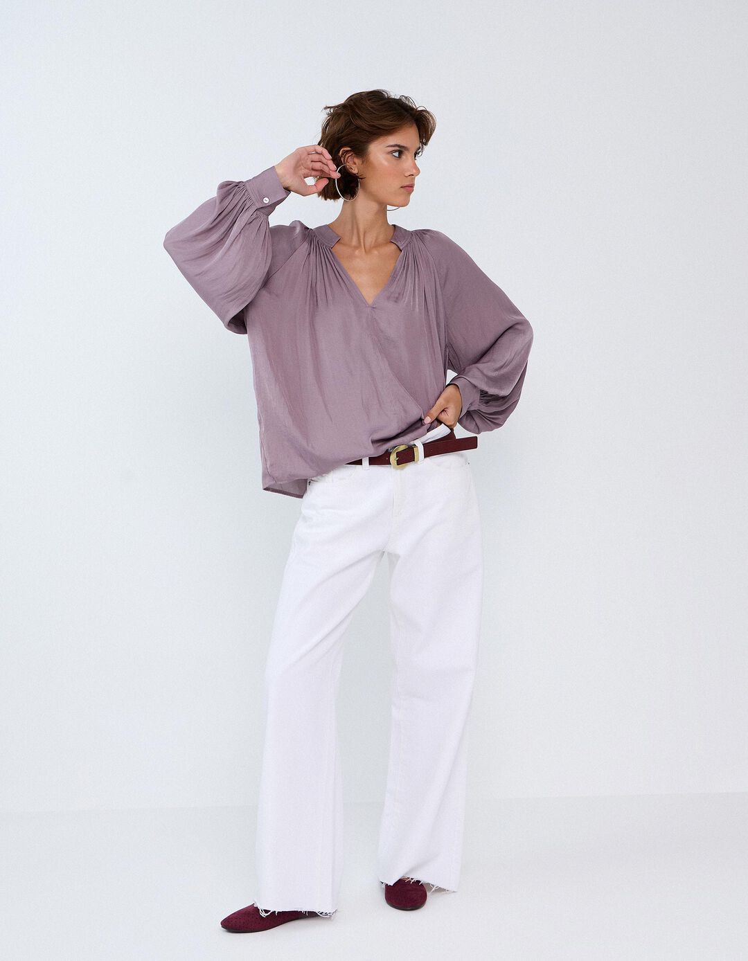 Blusa Com Mangas Bal&atilde;o, Mulher, Roxo Claro