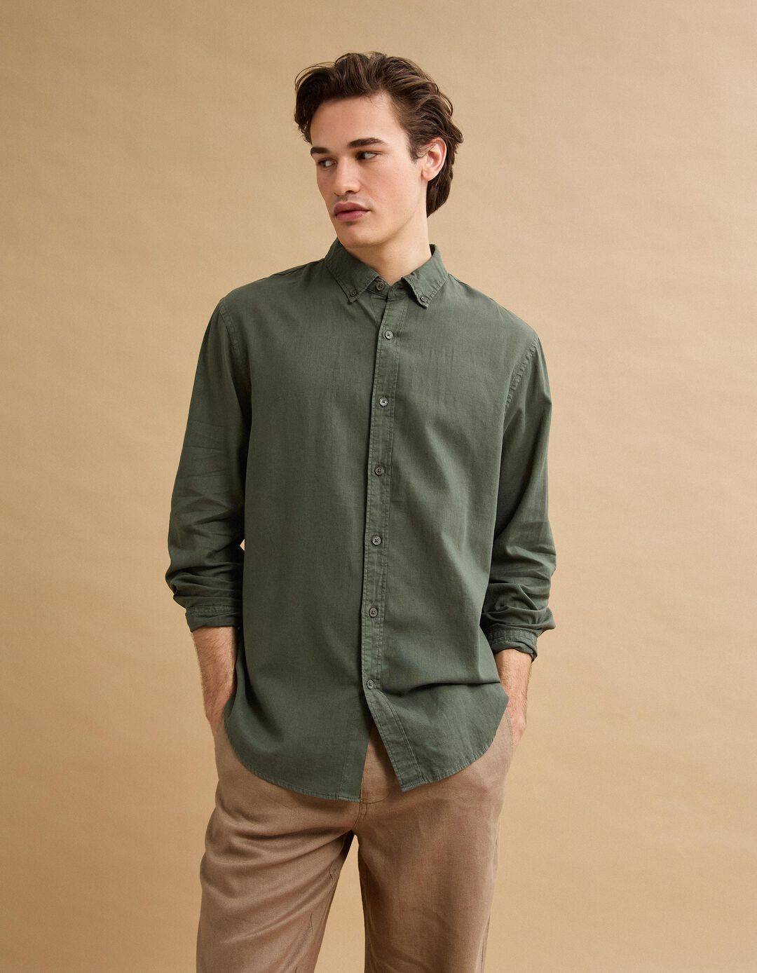 Camisa com Linho, Homem, Verde Escuro
