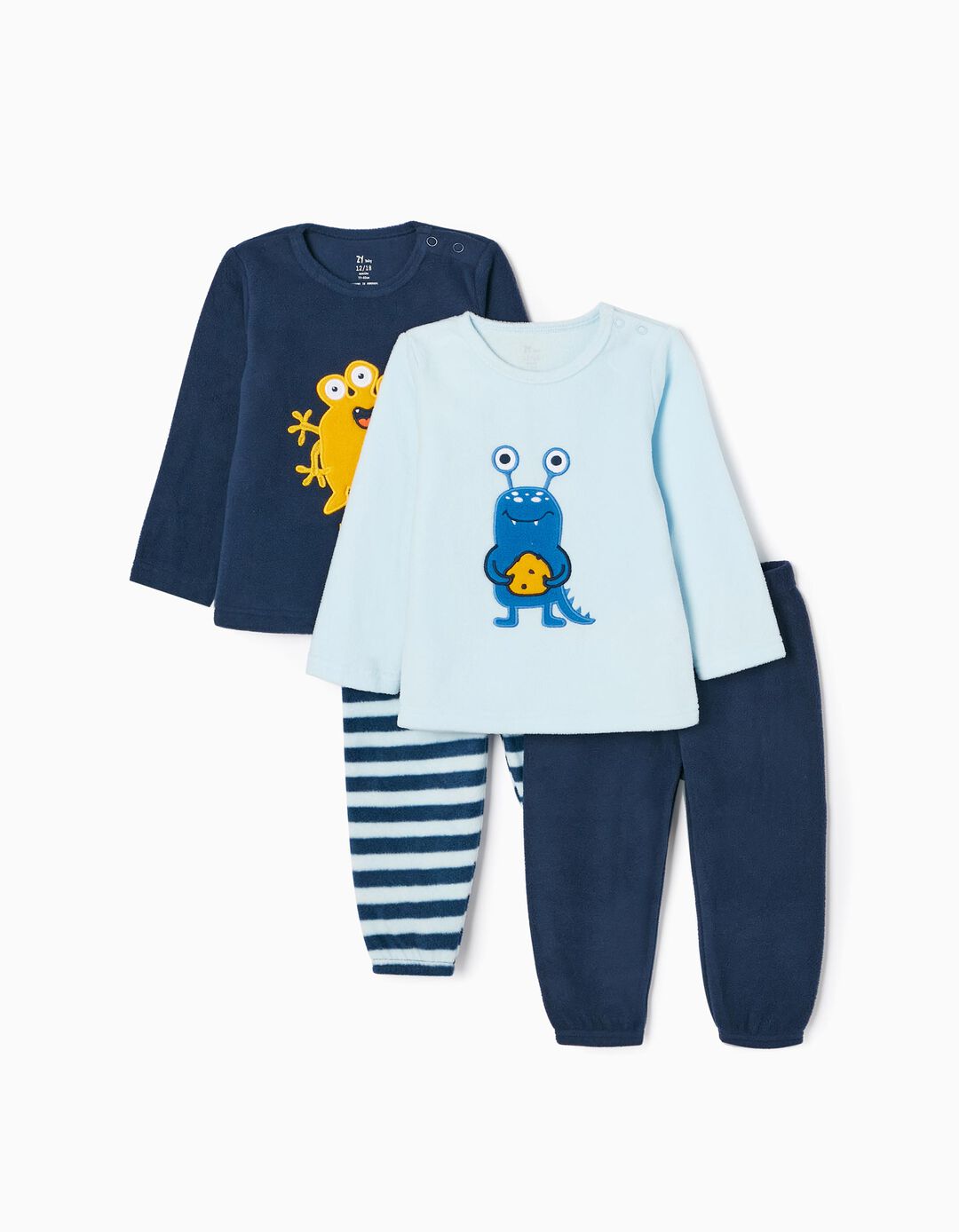 Pack 2 Pijamas Polares para Bebé Niño 'Monstruos Divertidos', Azul Claro/Azul Oscuro
