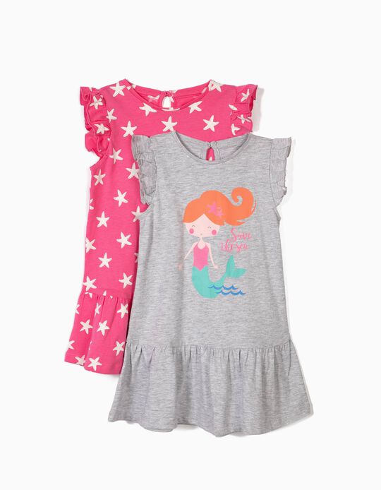 2 Vestidos para Beb&eacute; Menina 'Starfish & Mermaid', Rosa e Cinza