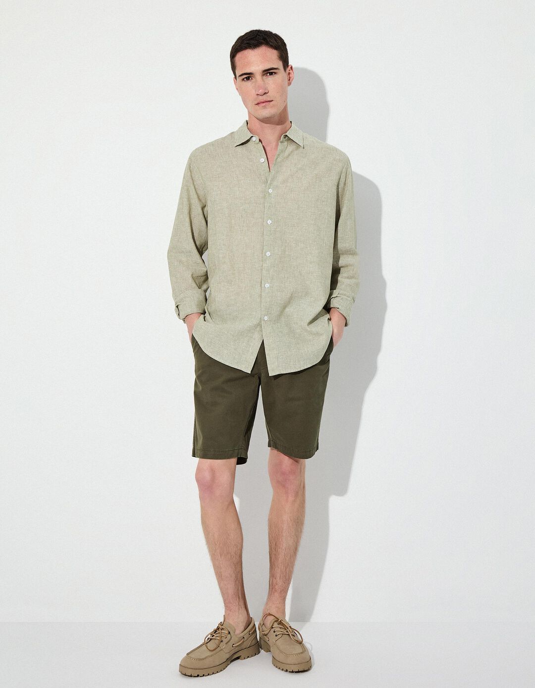 Camisa com Linho, Homem, Verde Escuro