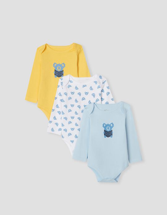 3 Cotton Bodysuits, Babies, Blue/ Yellow