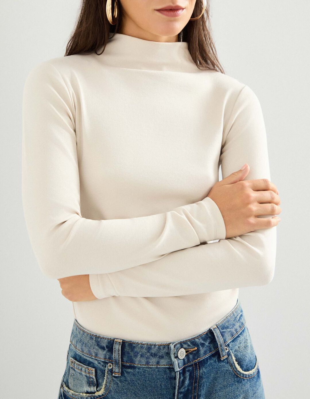 Camisola com Gola Alta, Mulher, Bege Claro