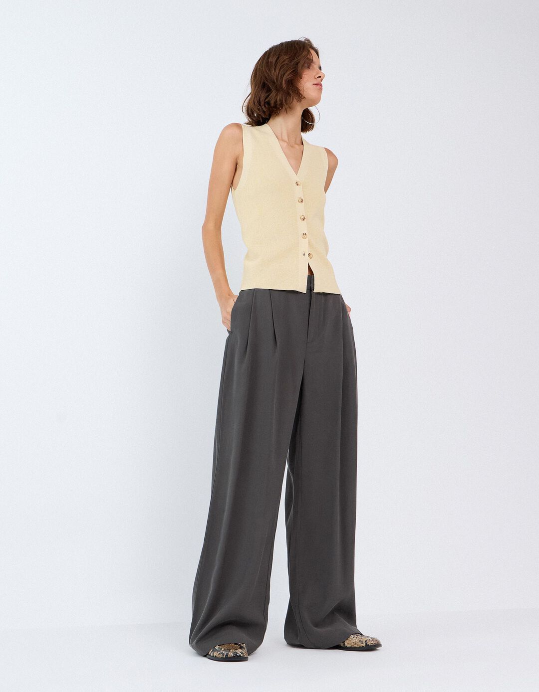 Cal&ccedil;as Elegantes Com Prega, Mulher, Cinzento Escuro