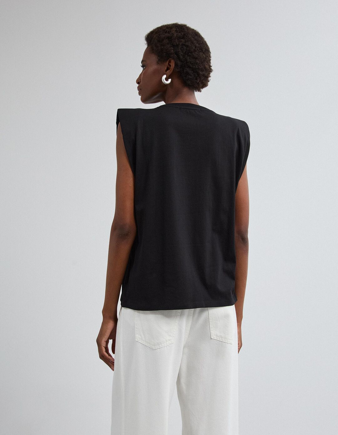 T-shirt Com Ombreiras, Mulher, Preto