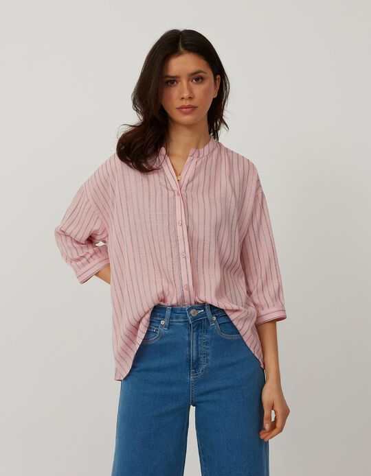 Shirt with Textured Stripes, Women, Pink