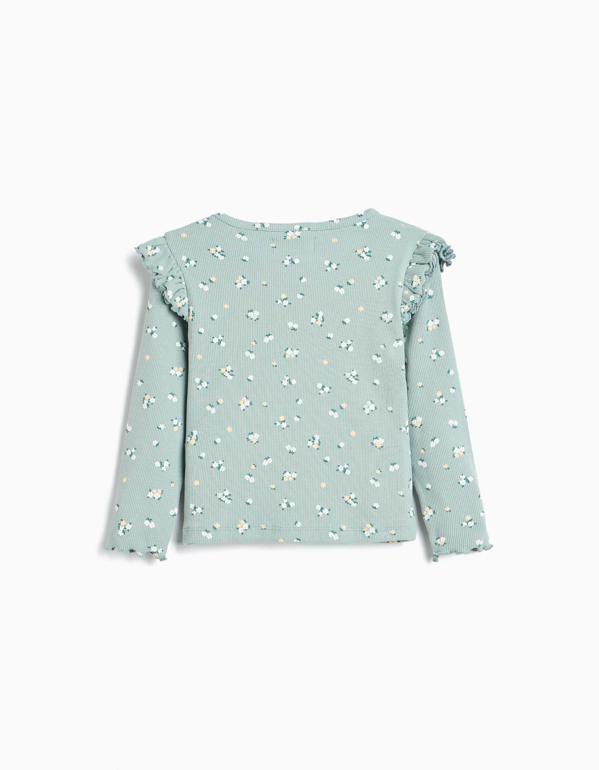 Comprar Online Camisola Canelada Com Flores, Menina, Verde Claro