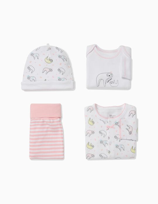 Conjunto 4 Pe&ccedil;as para Rec&eacute;m-Nascida 'Sloths', Branco e Rosa