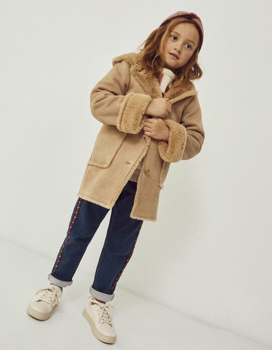 Coat in Suedette and Faux Fur for Girls, Camel