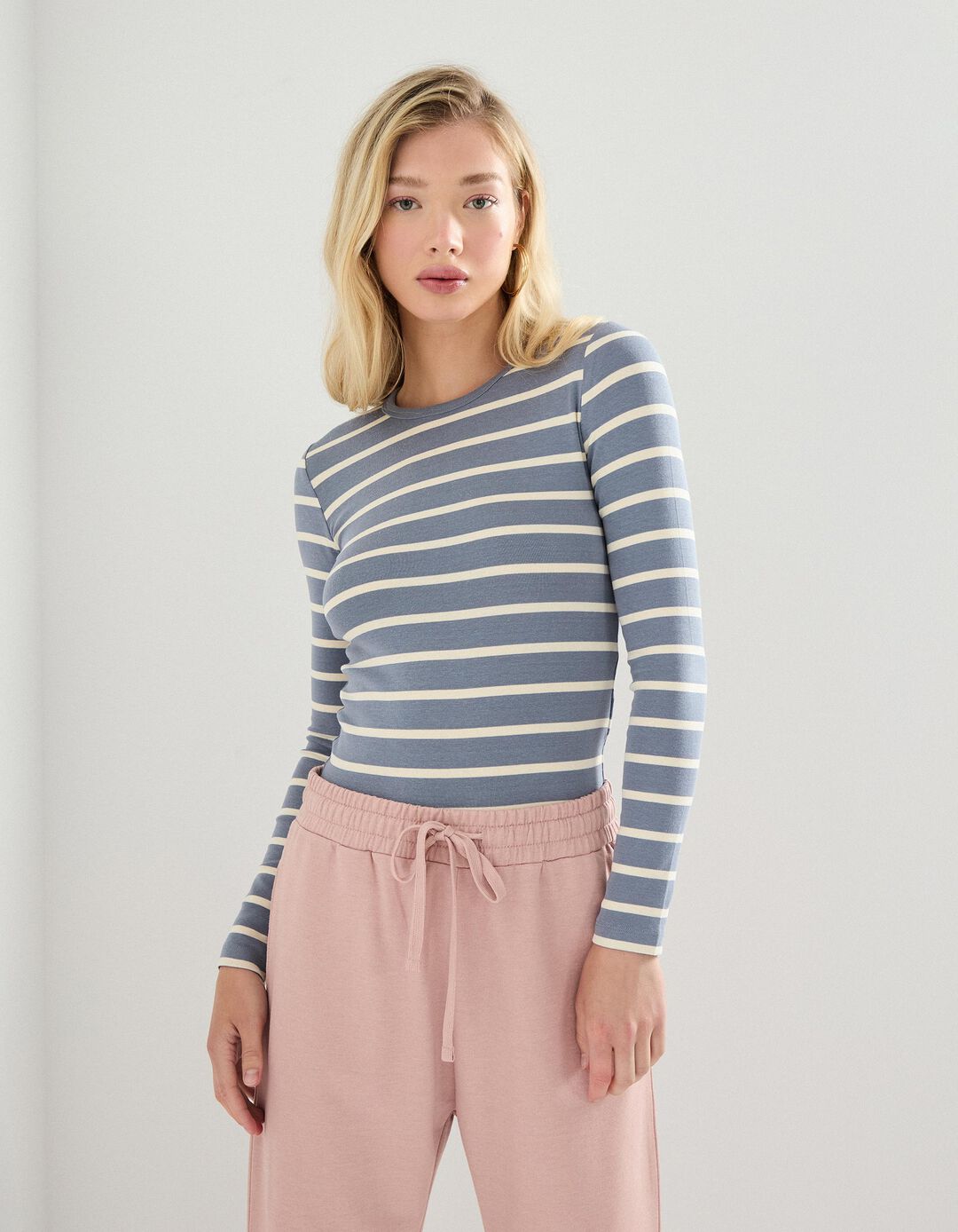 T-shirt de Manga Comprida Riscas, Mulher, Azul