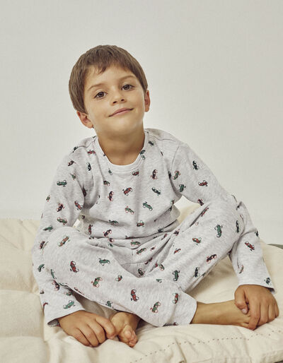 Ribbed Cotton Pyjamas with Car Motif for Boys, Grey