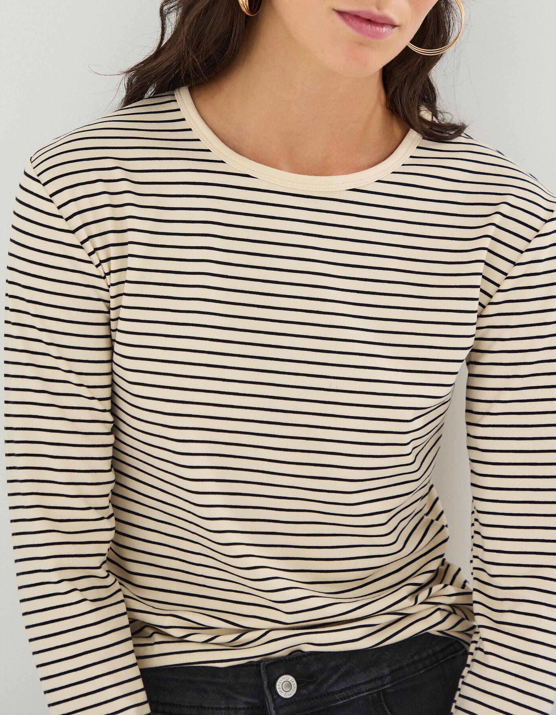 Comprar Online T-shirt de Manga Comprida Riscas, Mulher, Bege Claro