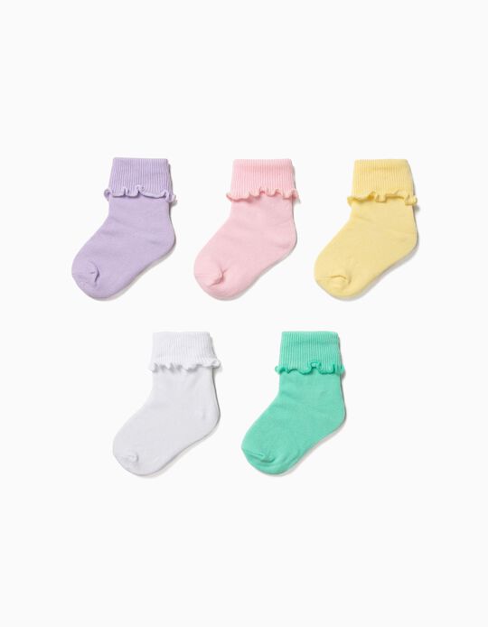 Pack 5 Meias Lisas para Beb&eacute; Menina com Dobra, V&aacute;rias Cores