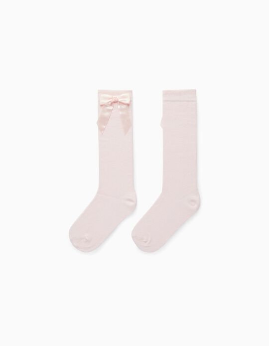 Knee-High Socks with Bow for Girls, Light Pink