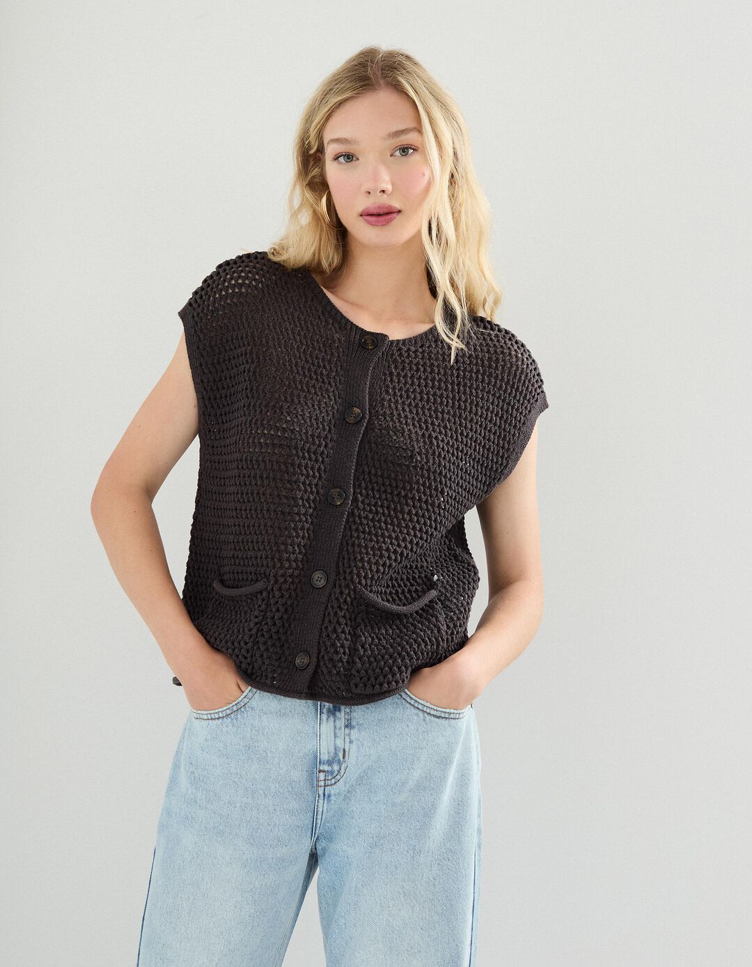 Colete de Crochet, Mulher, Cinzento Escuro