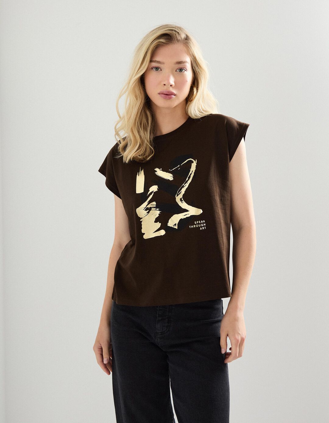 T-shirt Estampado Foil, Mulher, Castanho Escuro