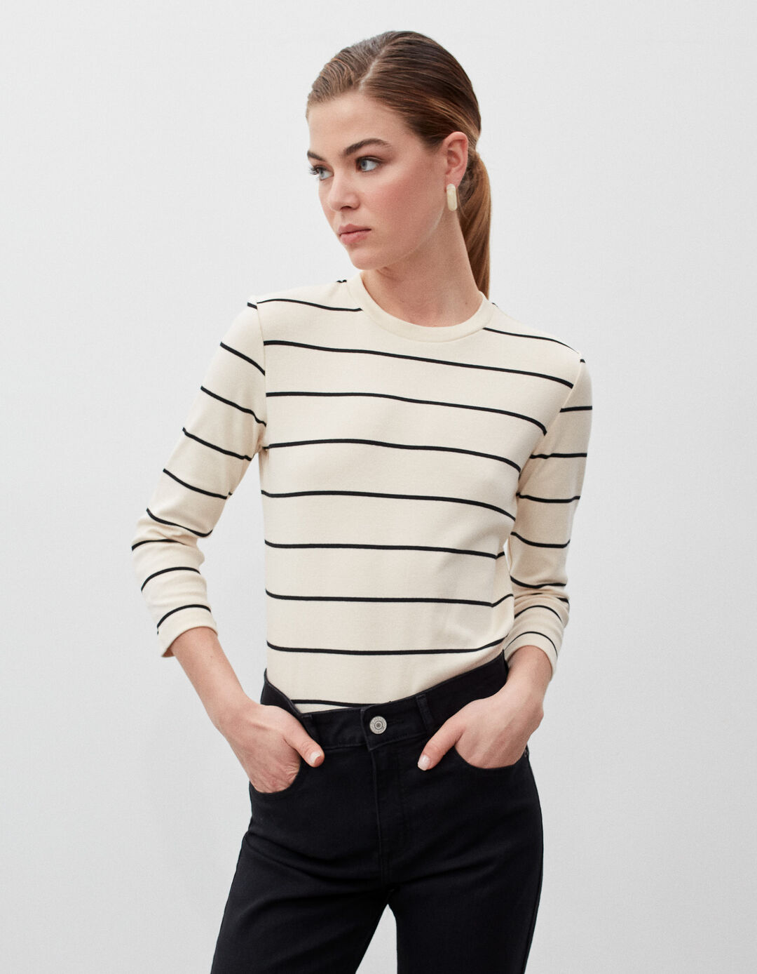 Striped 3/4 Sleeve T-shirt, Women, Light Beige