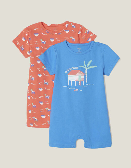 2 Pijamas Romper para Bebé Menino 'Paradise', Azul/Laranja
