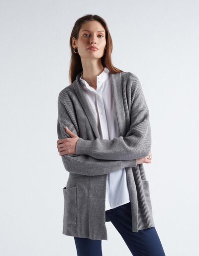 Belted Knitted Cardigan, Women, Grey
